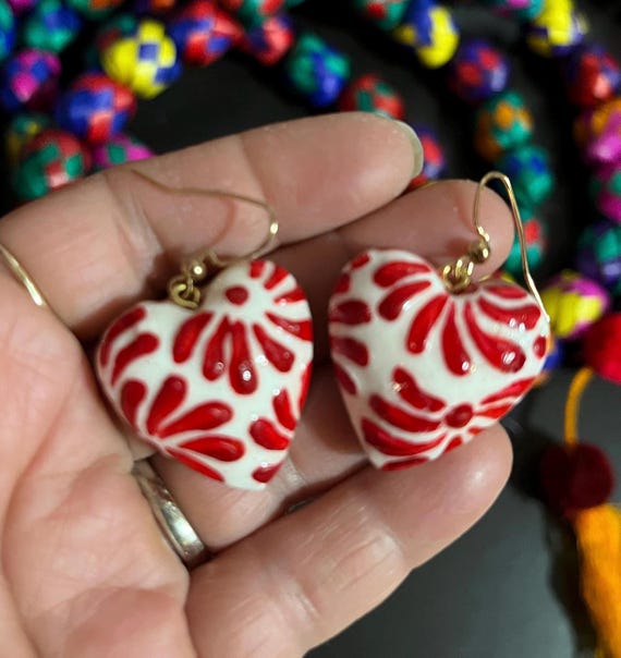 Talavera Puffy Hearts, Talavera Style Earrings, Red and White Earrings, Mexican Earrings,  Mexican Jewelry, Polymerclay Jewelry