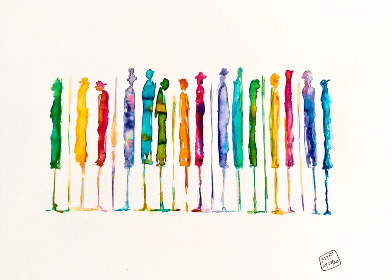 Art Print. Unframed. We Make Beautiful Music Together. Music inspired. Piano keys. People. Colorful. Harmony. Various sizes. image 1