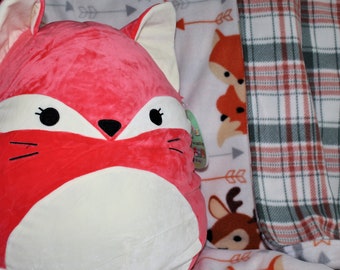 and a 16 inch fox Squishmallow Handmade Double sided fleece blanket with woodland print