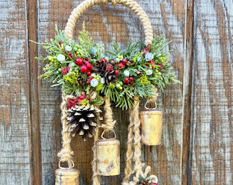 Yule Witch Bells, Solstice Pagan Décor, Small Holiday Winter Wreath, Bells and Star, Rustic Woodsy, Christmas Doorknob Hanger, MADE TO ORDER