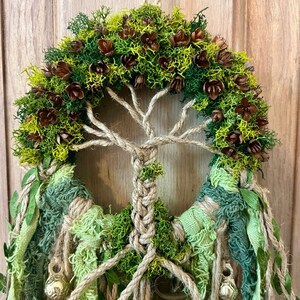 Tree of Life Witch Bells, 5 Inch Mossy Wreath, Home & Door Protection, Doorknob, Housewarming Gifts, Spirit Altar Bells, Made to Order