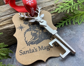 Llave mágica de Papá Noel, adorno para árbol de Navidad, llave de reno plateada, abridor de botellas, llave de la iglesia, relleno de medias, cinta de copo de nieve, regalos para hombres