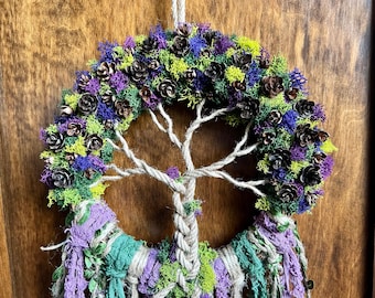 Tree of Life Witch Bells, 9 Inch, Ostara Spring Wreath, Cotton Ribbons, Pagan Wiccan Decor, Housewarming Gift, Mossy Wreath, Made to Order