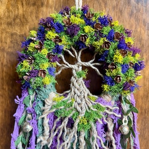 Tree of Life Witch Bells, 5 inch Mini Moss Wreath, Purple Green Ribbons & Moss, Doorknob, Home Door Protection, Pagan Decor, MADE TO ORDER