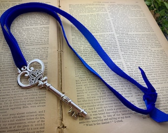 Skeleton Key Bookmark, Silver Key, Velvet Ribbon, Ribbon Bookmarks, Royal Blue and Silver, Reading Gifts, Choice of Color, Customize Color