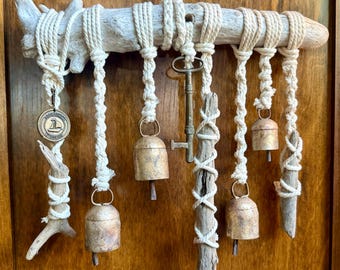 Nautical Witch Bells, Lake Michigan Driftwood, Door County WI Sailing, Beach House Decor, Bronze Medallion, Vintage Skeleton Key