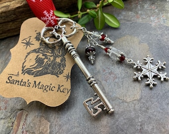 Llave mágica de Papá Noel, adorno de árbol de Navidad, llave maestra, dije de copo de nieve, cuentas de cristal, regalos para niños, relleno de medias, llave de plata