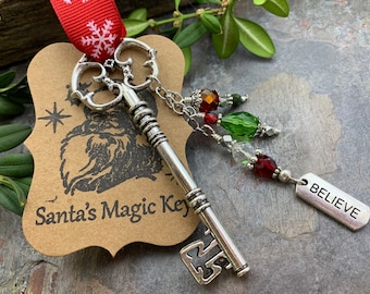 Santa’s Magic Key, Christmas Tree Ornament, Silver Skeleton Key, Crystal Beads, Gifts  for Kids, Stocking Stuffer, Believe Charm, Snowflakes