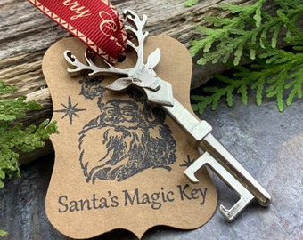 Llave mágica de Papá Noel, adorno para árbol de Navidad, llave de reno plateada, abridor de botellas, plateado y rojo, relleno de medias, adornos para hombres, cintas
