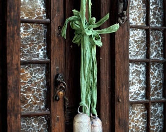 Witch Bells, Threshold Doorway Protection, Tin Bells, Recycled Silk Ribbons, Altar Spirit Bells, Ward off Evil, Clear Energy, Simple Rustic