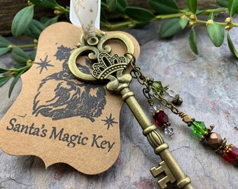 Santa’s Magic Key, Christmas Tree Ornament, Skeleton Key, Crystal Beads, Gifts for Kids, Stocking Stuffer, Snowflake Charm, Bronze Key