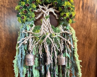Tree of Life Witch Bells, 5 Inch Mossy Wreath, Recycled Green Ribbons, Home & Door Protection, Doorknob, Housewarming Gifts, Made to Order