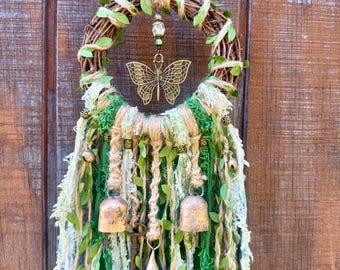 Handmade Witch Bells,  Doorknob Hanger, Grapevine Wreath, Butterfly, Green Earth Witch, Renewal & Protection, Pagan Decor, Housewarming Gift