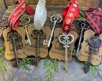 La llave mágica de Papá Noel, elige tu propio diseño de llave maestra y cinta, acabado en plata, bronce, cobre y gris plomo, cintas navideñas festivas, adornos.