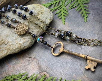 Rosary Style Necklace, Vintage Skeleton Key, Bronze Celtic Knot Charm, Black & Clear Crystals, Celtic Witch Goddess, Handmade Art Jewelry