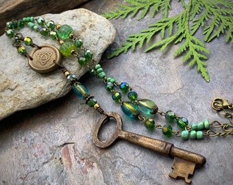 Rosary Style Necklace, Vintage Skeleton Key, Trinity Knot Wax Seal Charm, Green Blue Crystals, Celtic Witch Goddess, Handmade Art Jewelry
