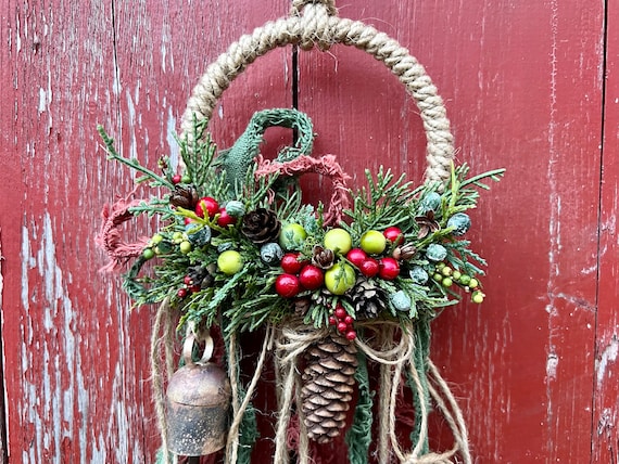 Yule Witch Bells, Solstice Pagan Décor, Small Holiday Winter Wreath, Rusty Sleigh Bell, Pine Cones, Christmas Doorknob Hanger, MADE TO ORDER