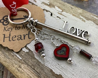 Llave de mi corazón, adorno de San Valentín, llavero, dije de corazón, llave maestra plateada, llavero de amor, cristal checo, cristales Swarovski