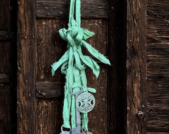 Witch Bells, Threshold Doorway Protection, Tin Bells, Recycled Silk Ribbons, Vintage Skeleton Key, Tree of Life-Moon Goddess-Pentagram Charm