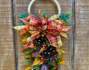 Autumn Witch Bells, Fall Doorknob Décor, Brass Sleigh Bells, Door County Pine Cones, Fall Leaves, Small Door Hanger, Woodsy Rustic Witchy