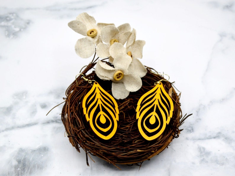 Wooden Earrings Feather Earrings Wood Earrings D59 Lightweight Earrings Statement Earrings Trendy Earrings Dangle Earrings