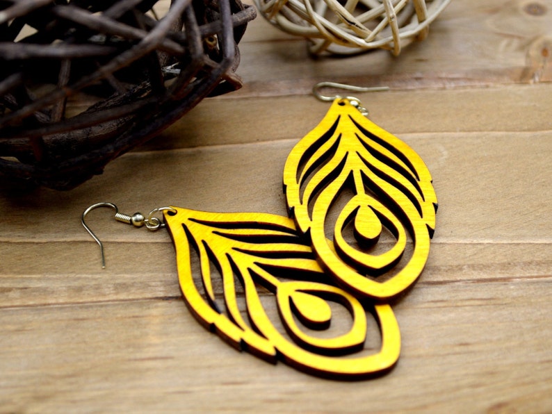 Wooden Earrings Feather Earrings Wood Earrings D59 Lightweight Earrings Statement Earrings Trendy Earrings Dangle Earrings