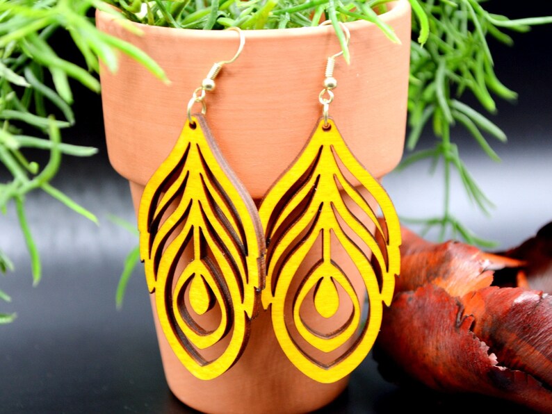 Wooden Earrings Feather Earrings Wood Earrings D59 Lightweight Earrings Statement Earrings Trendy Earrings Dangle Earrings