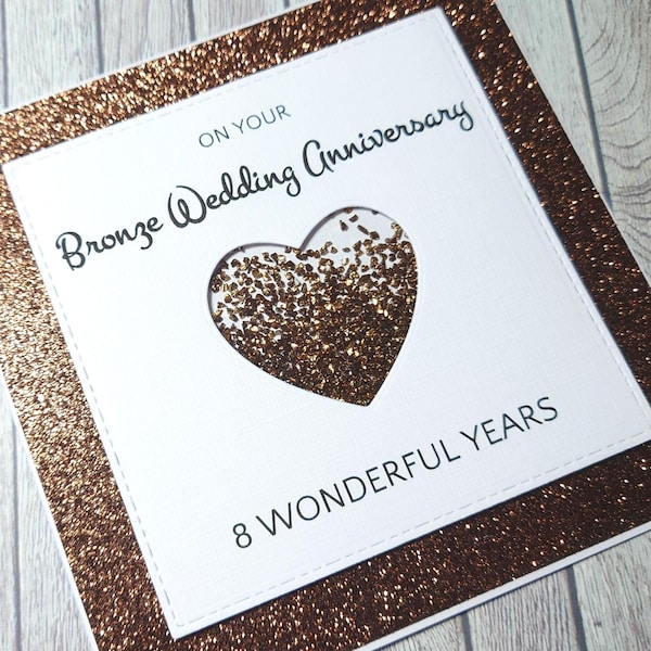 Handmade Bronze Shaker Anniversary Card, 8th Anniversary Card, Bronze Wedding Anniversary, Gift for 8 Years Together, Shaker Anniversary
