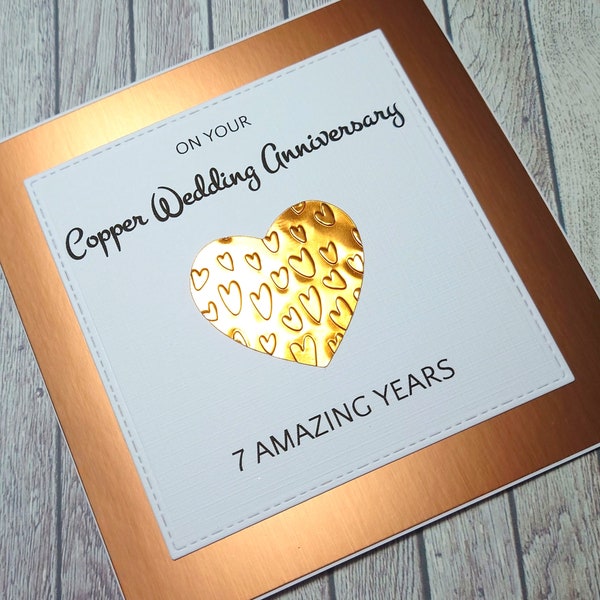 Handmade Copper Anniversary Card, 7th Anniversary Card, Copper Wedding Anniversary, Gift for 7 Years Together, Celebration of Anniversary