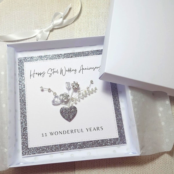 Handmade Steel Boxed Anniversary Card, 11th Anniversary Card, Steel Wedding Anniversary, Gift for 11 Years, Luxury Steel Anniversary Card