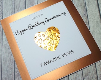 Handmade Copper Anniversary Card, 7th Anniversary Card, Copper Wedding Anniversary, Gift for 7 Years Together, Celebration of Anniversary