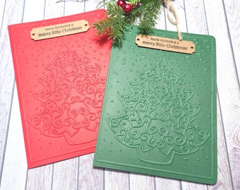 Set of 2 Handmade Christmas Cards, Rustic Style Christmas Cards, Vintage Christmas Cards, Embossed Christmas Cards, Classic Christmas Tree