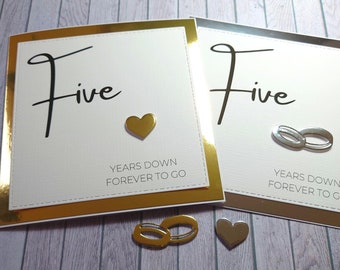 Handmade 5th Anniversary Card, Fifth Anniversary Card, Card for Her & Him, Five Years Down Forever to Go, Simple Anniversary Card