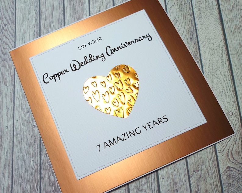 Handmade Copper Anniversary Card, 7th Anniversary Card, Copper Wedding Anniversary, Gift for 7 Years Together, Celebration of Anniversary image 1