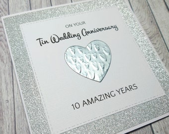 Handmade Tin Anniversary Card, 10th Anniversary Card, Tin Wedding Anniversary, Gift for 10 Years Together, Celebration of Anniversary