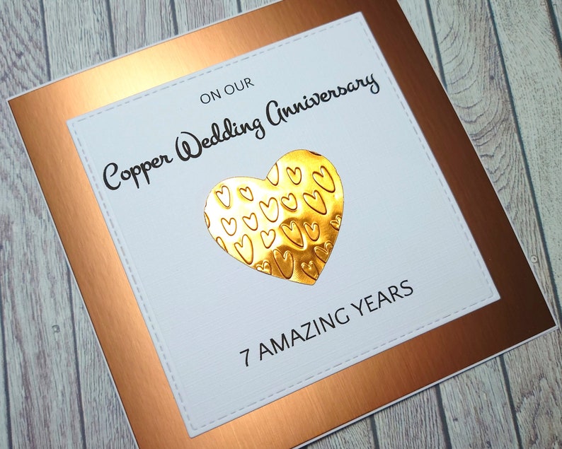 Handmade Copper Anniversary Card, 7th Anniversary Card, Copper Wedding Anniversary, Gift for 7 Years Together, Celebration of Anniversary image 6