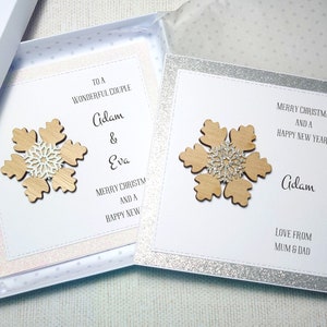 Carte de Noël en boîte personnalisée faite main, carte de Noël personnalisée pour Mr et Mme, carte de Noël de luxe, carte de Noël flocon de neige dans une boîte