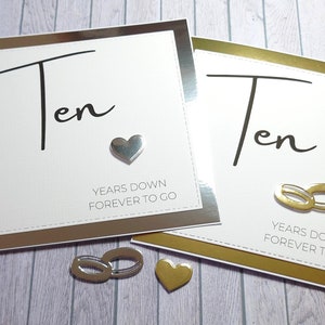 Carte de 10e anniversaire faite main, carte de dixième anniversaire, carte pour elle et lui, dix ans plus tard pour toujours, carte d'anniversaire simple