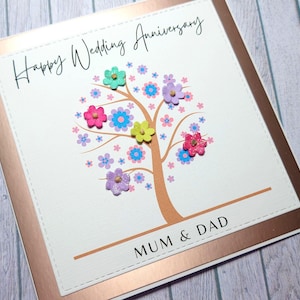 Tarjeta de aniversario hecha a mano, tarjeta de aniversario con flores, tarjeta de aniversario personalizada, tarjeta para ella, tarjeta para él, tarjeta de aniversario del árbol de la vida