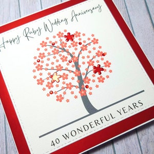 Cartão de aniversário de rubi feito à mão, cartão de aniversário de 40 anos, aniversário de rubi, presente para 40 anos juntos, cartão de aniversário da árvore da vida
