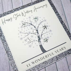 Tarjeta de aniversario de acero hecha a mano, tarjeta del 11.° aniversario, aniversario de acero, regalo por 11 años juntos, tarjeta de aniversario del árbol de la vida