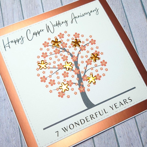 Carte d'anniversaire en cuivre faite main, carte du 7e anniversaire, anniversaire en cuivre, cadeau pour les 7 ans ensemble, carte d'anniversaire arbre de vie