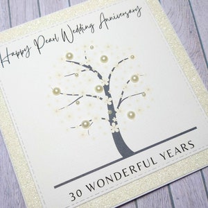 Tarjeta de aniversario hecha a mano con perlas, tarjeta del 30.° aniversario, aniversario con perlas, regalo por 30 años juntos, tarjeta de aniversario del árbol de la vida