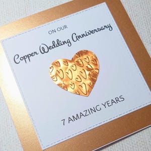 Tarjeta de aniversario de cobre hecha a mano, tarjeta para el séptimo aniversario, aniversario de bodas de cobre, regalo para celebrar el séptimo aniversario.