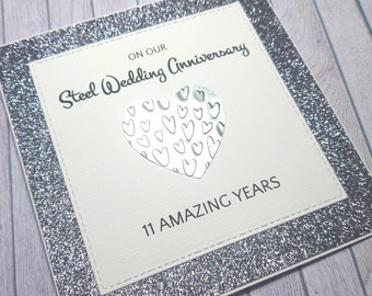 Carte d'anniversaire en acier faite main, carte du 11e anniversaire, anniversaire de mariage en acier, cadeau pour les 11 ans ensemble, célébration d'anniversaire