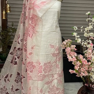 ATHARVA Hand Embroidery Salwar Kameez/Chanderi Cut-Work Shirt/Kota Dupatta/Santoon Bottom/Off-White PINK/Custom Stitch Unstitch/CUT8022