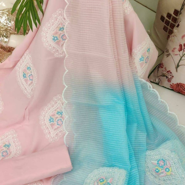Atharva Embroidered/Kota Salwar Kameez/Embroidered Kota Dupatta Pink Blue/Cotton Embroidery Shirt Pink/Cotton Chikankari Bottom- KO362
