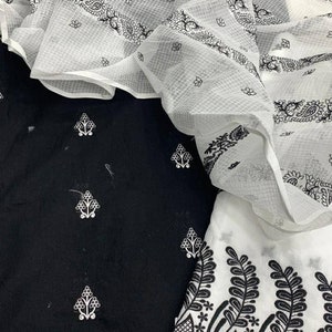 Atharva Embroidered/Kota Salwar Kameez /Embroidered Kota Dupatta White/Cotton Embroidery Shirt Black/Cotton Chikankari Bottom White - KO301
