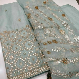 ATHARVA Hand Embroidered Salwar Kameez w/Embroidery Panel Blue w/Gota Patti Chiffon Dupatta/Custom Stitch/Tunic/Pants/Patiala Salwar/CH1270B