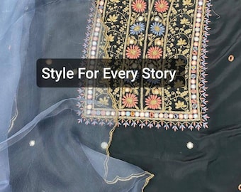 ATHARVA Hand Embroidery Salwar Kameez/Silk Embroidery Shirt/Black/Kashmiri Hand Work Neck/Organza Silk Dupatta/Custom Stitch/Plazo/CR001